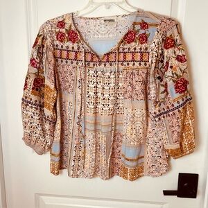 SAVANNA JANE Top Womens M  
Colorful Floral Embroidered BOHO Blouse 3/4 Sleeves